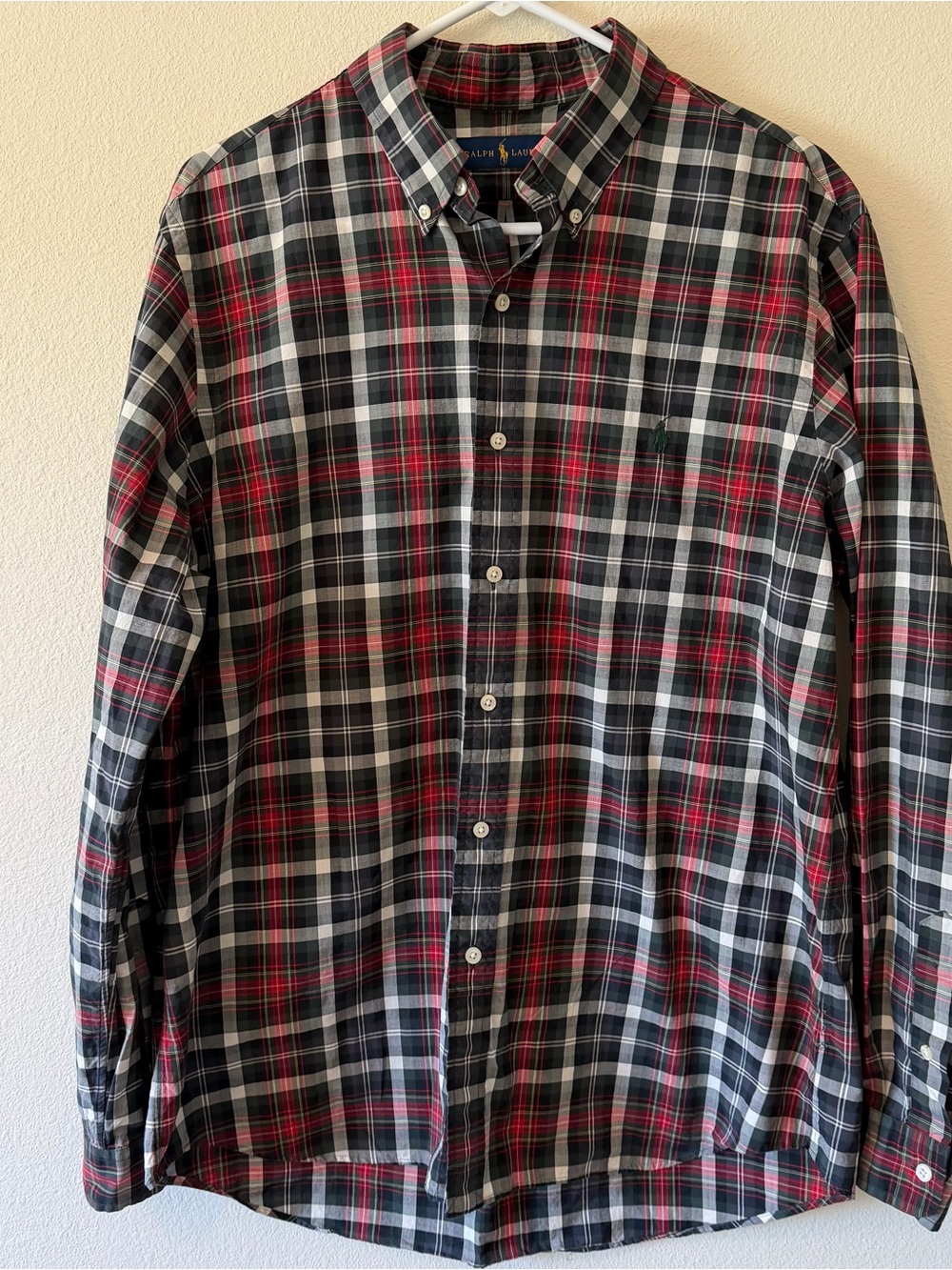 Ralph Lauren Classic Fit Mens L Red Black Green Plaid Button Down Shirt Holiday
